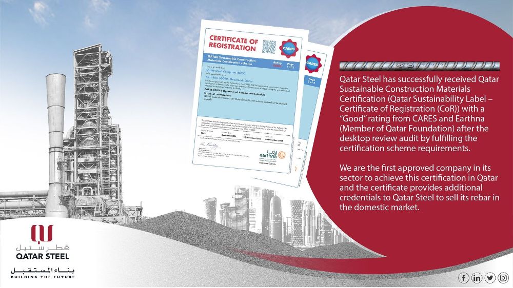 Qatar Steel received its Earthna Qatar Sustainable Construction Materials Certification overseen by CARES